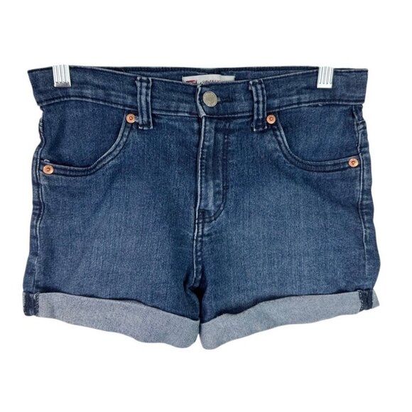 Levi’s Girlfriend Denim Shorts Girls Size 14 Blue Cuffed Hem Stretch - Picture 1 of 14